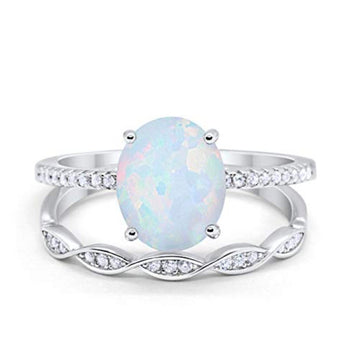 Two Piece Engagement Ring Oval Lab Created White Opal Solid 925 Sterling Silver